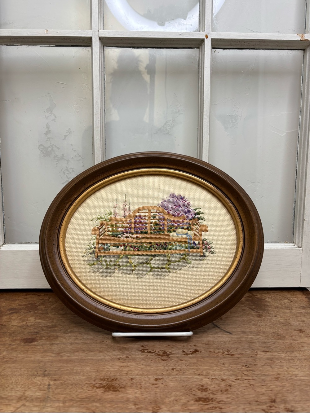 Vintage Framed Oval Floral Cross Stitch Art - Garden Bench